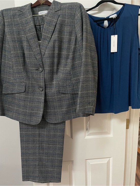 Kasper Jackets & Blazers - Kasper Gray Plaid Two-Piece Suit with Blue Shell